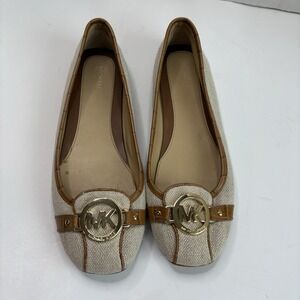 Michael Kors Fulton Women's 10M Signature Driving Moccasin Flats Beige Gold Logo